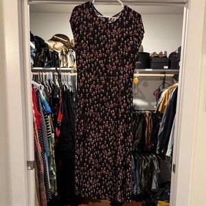 Black Floral Midi Dress with Pink Rose Print